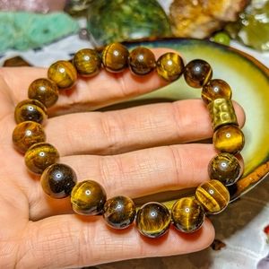 10mm Tiger's Eye Crystal Bracelet with Hammered Bronze Spacer Bead